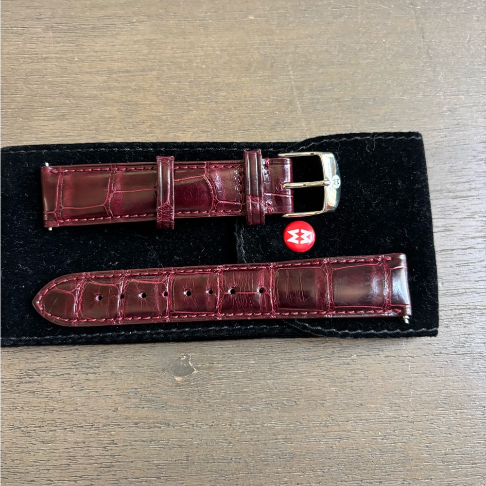 Michele Burgundy Croc-Embossed Leather Watch Strap with Silver Buckle